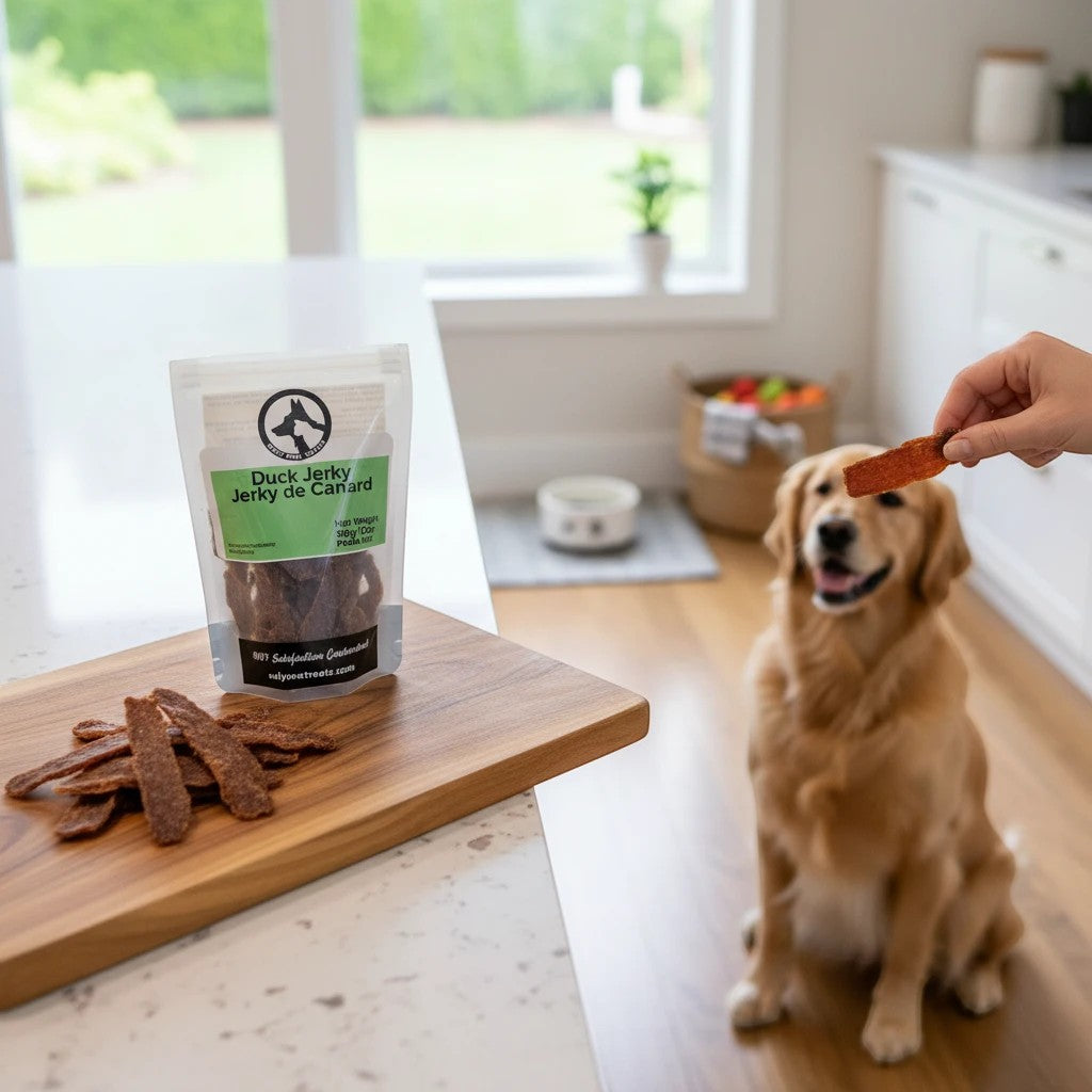 Oh Canada Gifts duck jerky treat bag on a wooden board with a golden retriever waiting for a piece in a kitchen