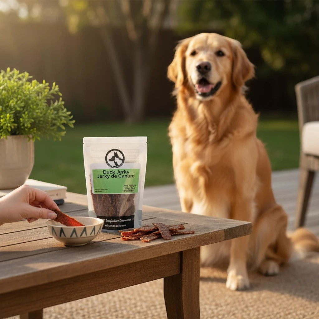 Oh Canada Gifts duck jerky treat being offered to a golden retriever sitting on a sunny outdoor deck