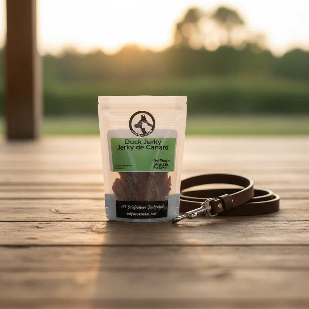 Oh Canada Gifts duck jerky treat bag for dogs on a wooden deck with a leather leash at sunset