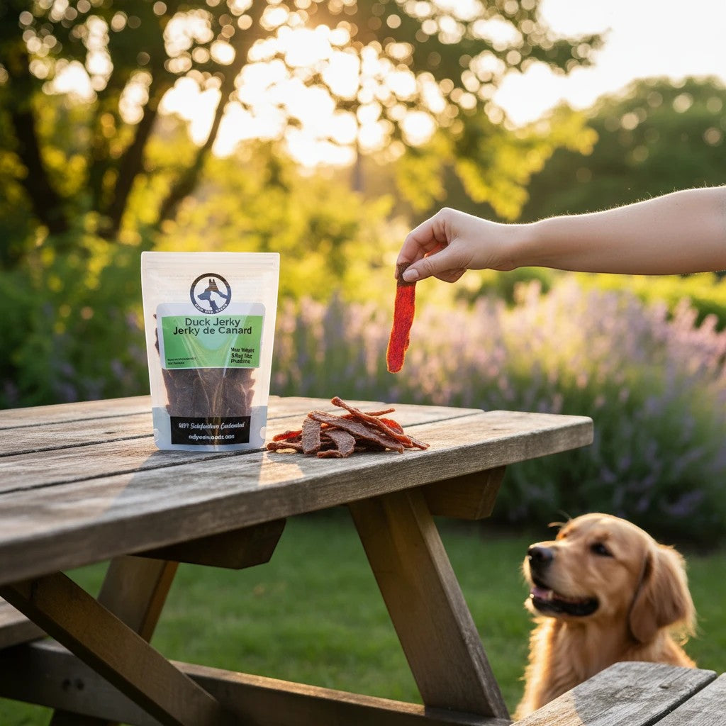 Oh Canada Gifts duck jerky treat being held by a hand near a golden retriever outdoors at sunset