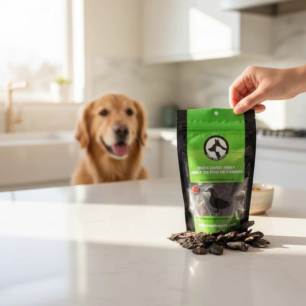 Oh Canada Gifts duck liver jerky treat bag with a golden retriever waiting in the background of a bright kitchen.