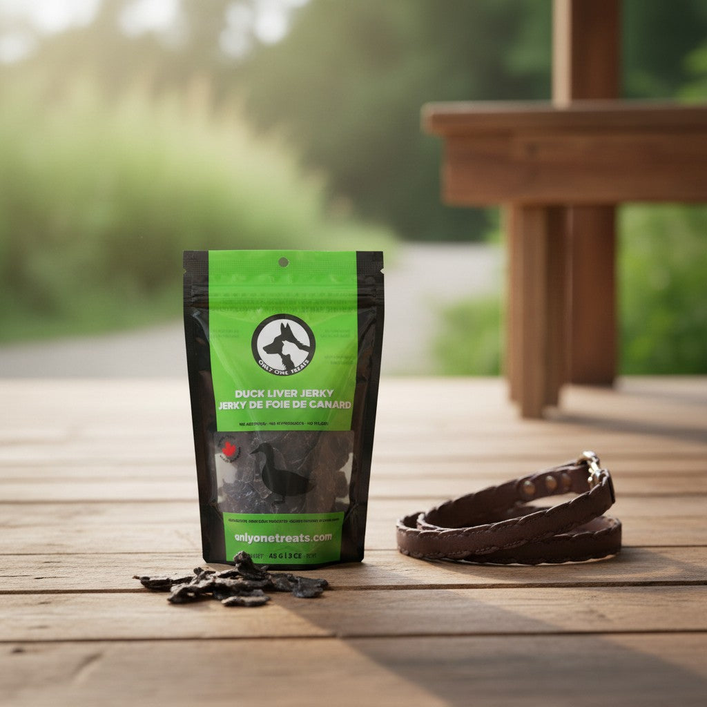 Oh Canada Gifts duck liver jerky treat bag with a brown leather leash on a wooden deck