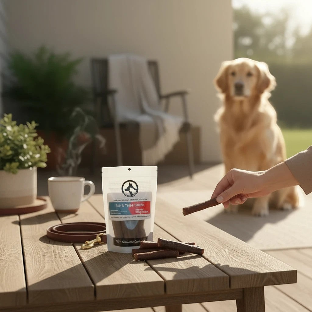 Oh Canada Gifts Elk and Beef Tripe Sticks for dogs in a pouch on a wooden table with a golden retriever in the background