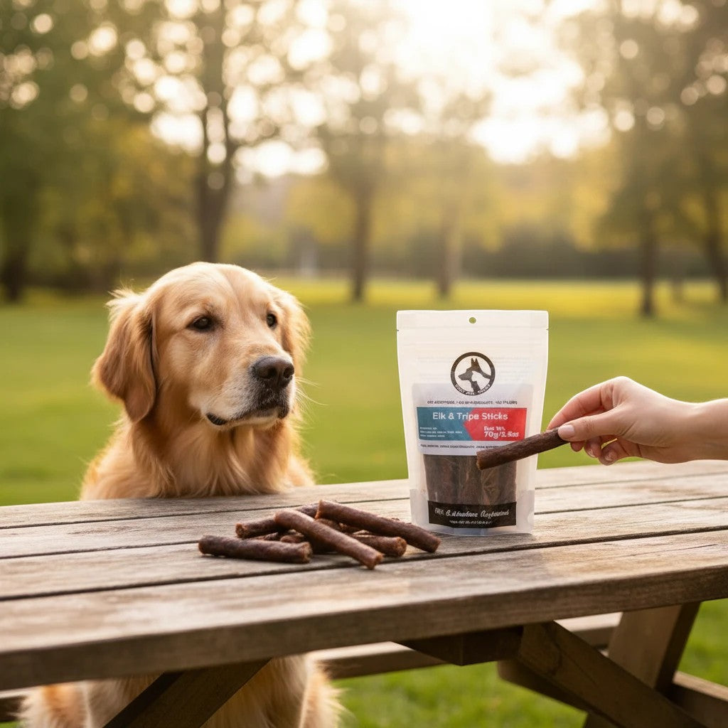 Oh Canada Gifts Elk and Beef Tripe Sticks dog treats on a wooden table with a golden retriever watching