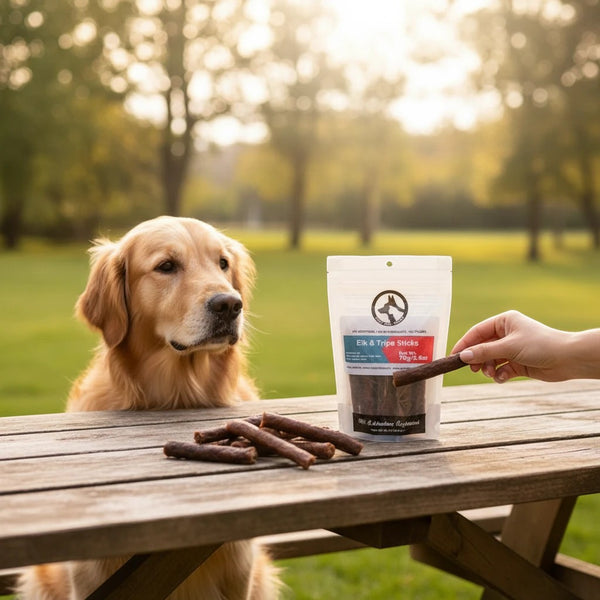 Oh Canada Gifts Elk and Beef Tripe Sticks dog treats on a wooden table with a golden retriever watching