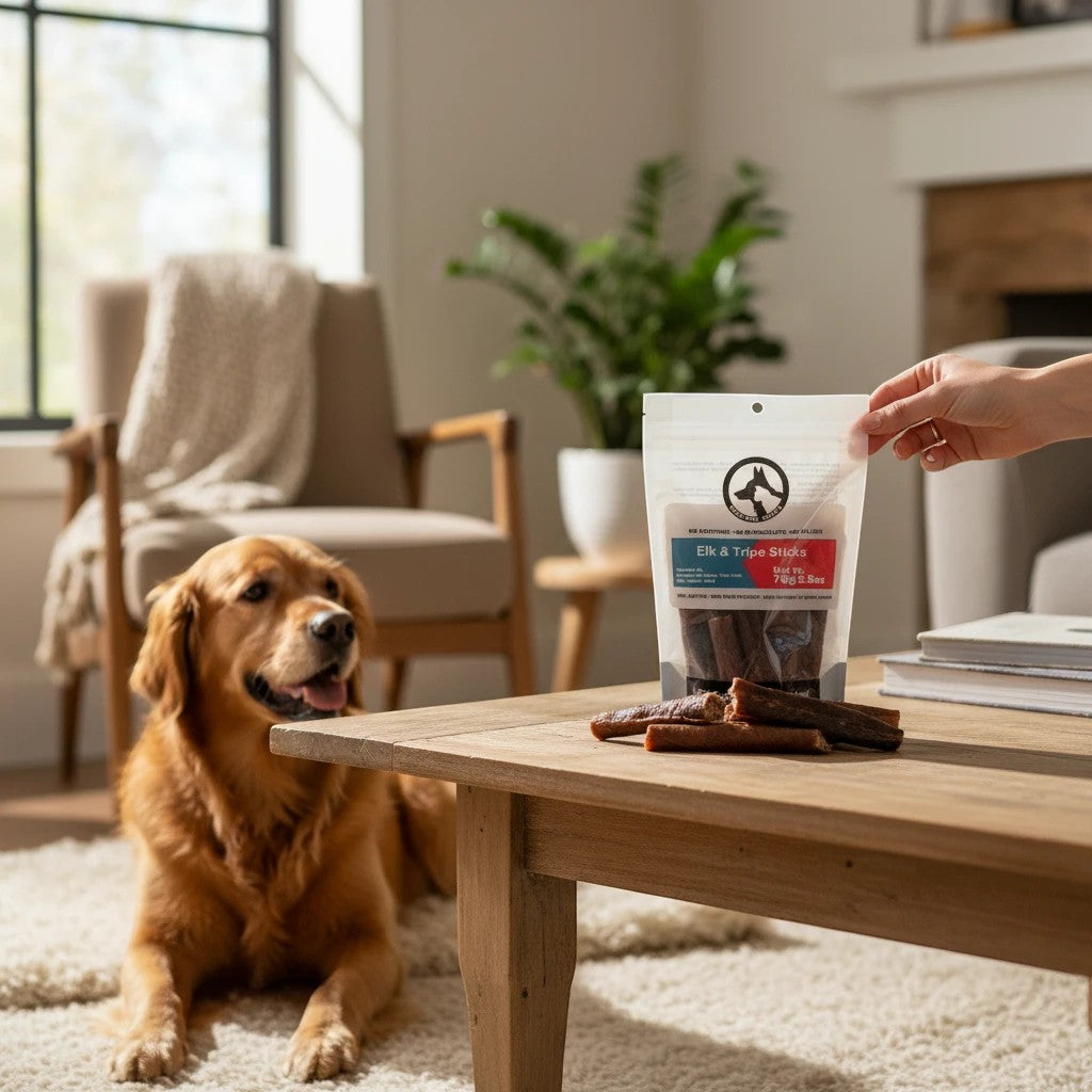 Oh Canada Gifts Elk and Beef Tripe Sticks dog treats in a pouch on a table with a Golden Retriever in the background