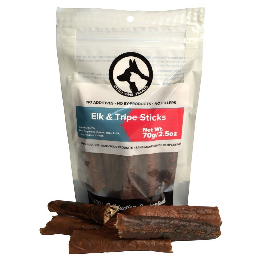 Oh Canada Gifts air-dried elk and beef tripe dog treat sticks in a 70g resealable pouch.