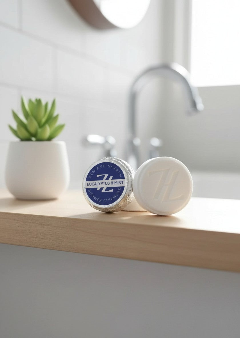 Oh Canada Gifts Zen & Hearth eucalyptus and mint shower steamers on a wooden bathroom shelf with a small succulent.