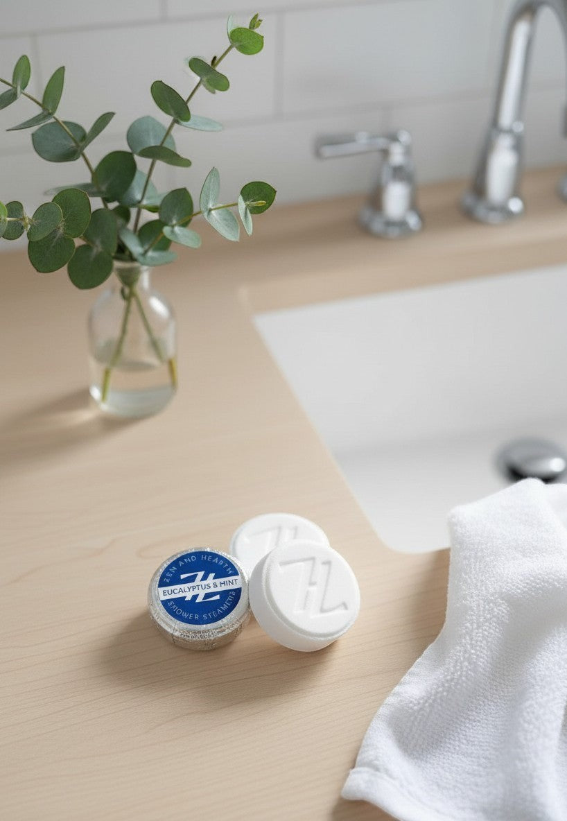 Oh Canada Gifts Zen & Hearth eucalyptus and mint shower steamers on a wooden bathroom counter with a eucalyptus sprig.