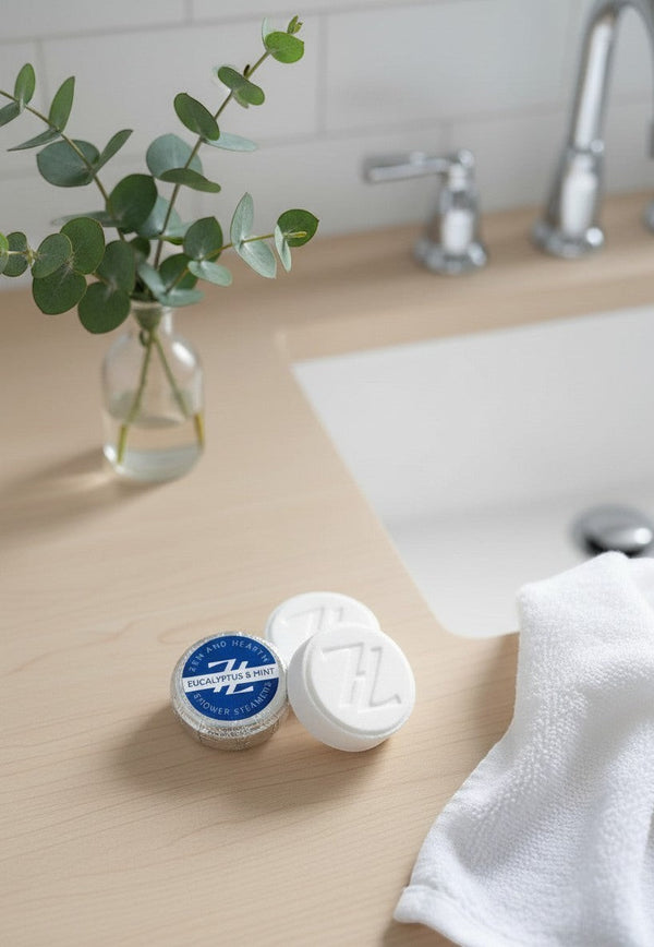 Oh Canada Gifts Zen & Hearth eucalyptus and mint shower steamers on a wooden bathroom counter with a eucalyptus sprig.