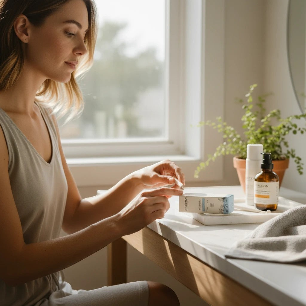 Oh Canada Gifts Eyewaken eye cream box held by a woman in a bright, sunlit room with a plant and skincare products.