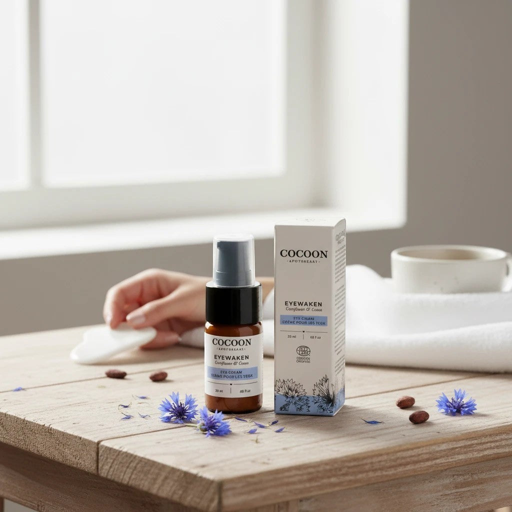 Oh Canada Gifts Eyewaken eye cream bottle and box with cornflower petals on a wooden table near a window.