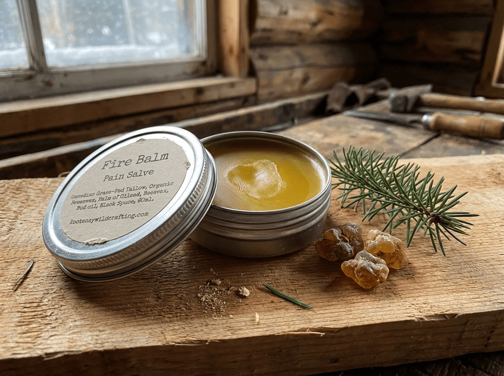 Oh Canada Gifts Fire Balm pain salve in a metal tin with natural resin and pine needle on a rustic wooden surface.