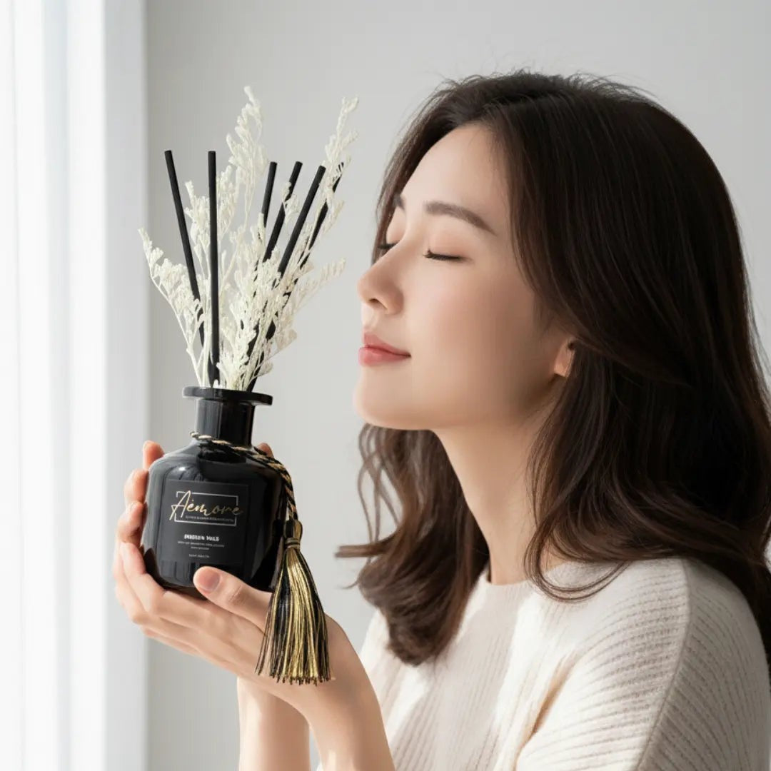 Oh Canada Gifts Fleur reed diffuser with black glass bottle, black rattan reeds, and preserved flower held by a woman