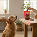 Oh Canada Gifts freeze-dried beef liver treats for dogs being served by a person to a golden retriever in a kitchen.