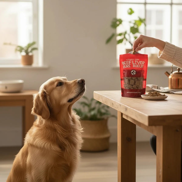 Oh Canada Gifts freeze-dried beef liver treats for dogs being served by a person to a golden retriever in a kitchen.