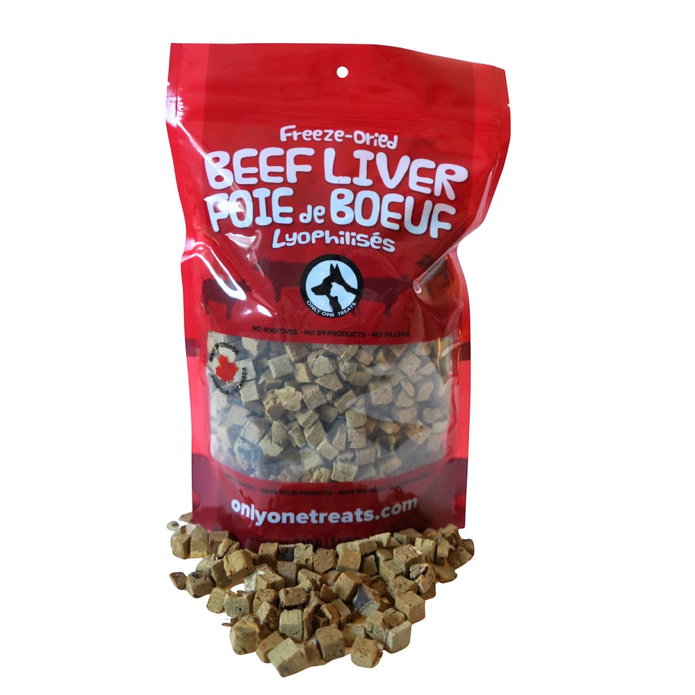 Oh Canada Gifts freeze-dried beef liver pet treats in a red 310g bulk bag with small cubed pieces in front