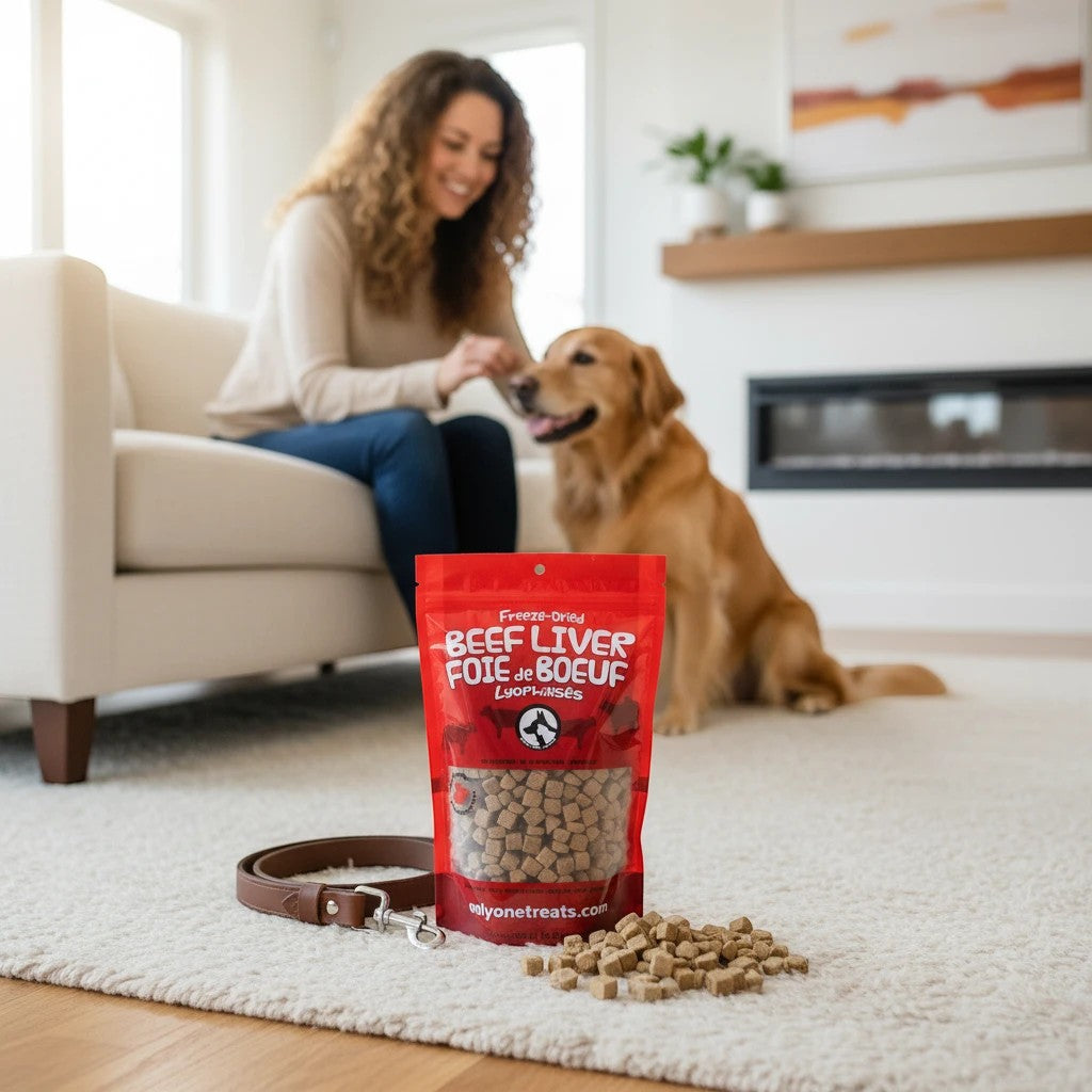 Oh Canada Gifts freeze-dried beef liver treats in a 310g bag with a woman and her dog in a bright living room.