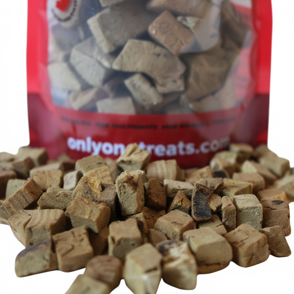 Oh Canada Gifts freeze-dried beef liver pet treat cubes in a red pouch for dogs and cats