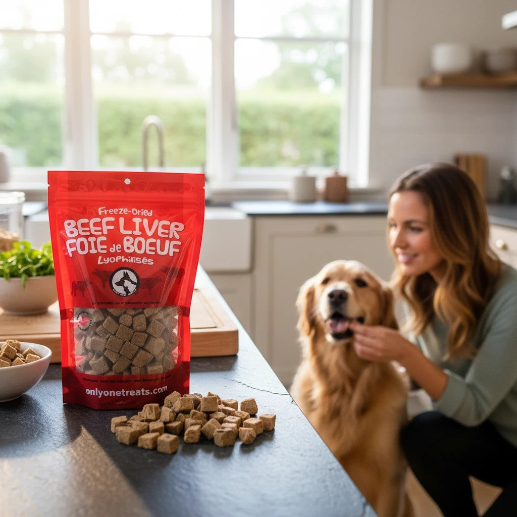 Oh Canada Gifts freeze-dried beef liver treats in a red bag on a kitchen counter with a woman feeding her golden retriever