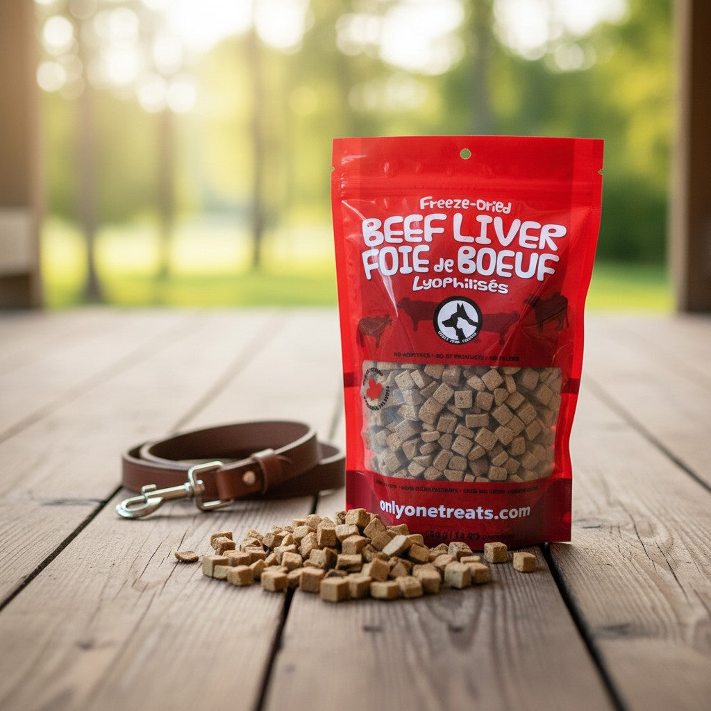 Oh Canada Gifts freeze-dried beef liver pet treats in a red bulk bag with scattered cubes on a wooden deck.
