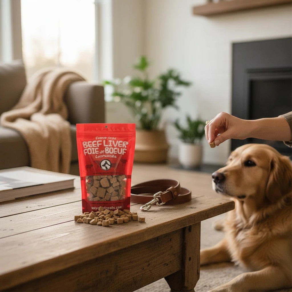 Oh Canada Gifts freeze-dried beef liver treats in a red bag on a wooden table with a golden retriever waiting nearby.