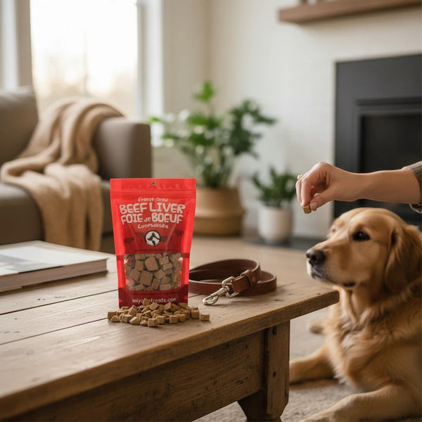 Oh Canada Gifts freeze-dried beef liver treats in a red bag on a wooden table with a golden retriever waiting nearby.