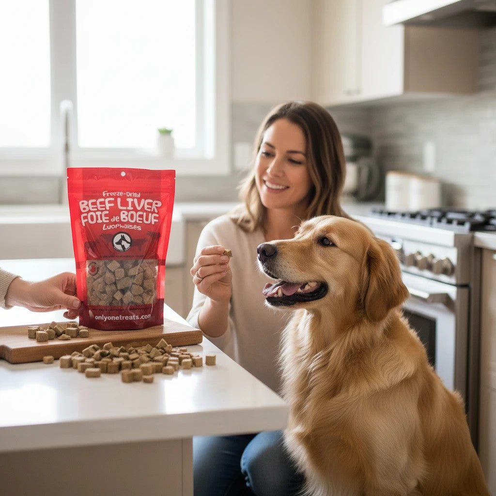 Oh Canada Gifts freeze-dried beef liver dog treats in a red bag with a golden retriever waiting for a reward.