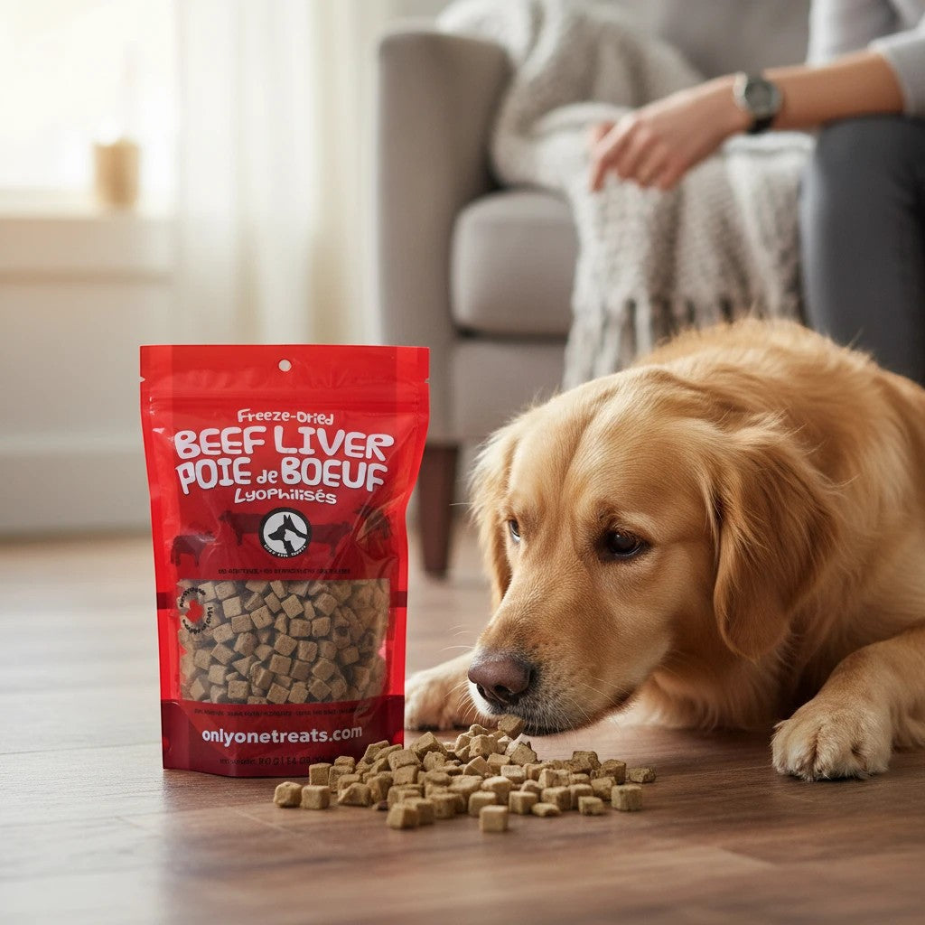 Oh Canada Gifts freeze-dried beef liver treats in a red bag next to a golden retriever on a wooden floor