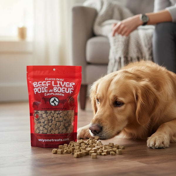 Oh Canada Gifts freeze-dried beef liver treats in a red bag next to a golden retriever on a wooden floor