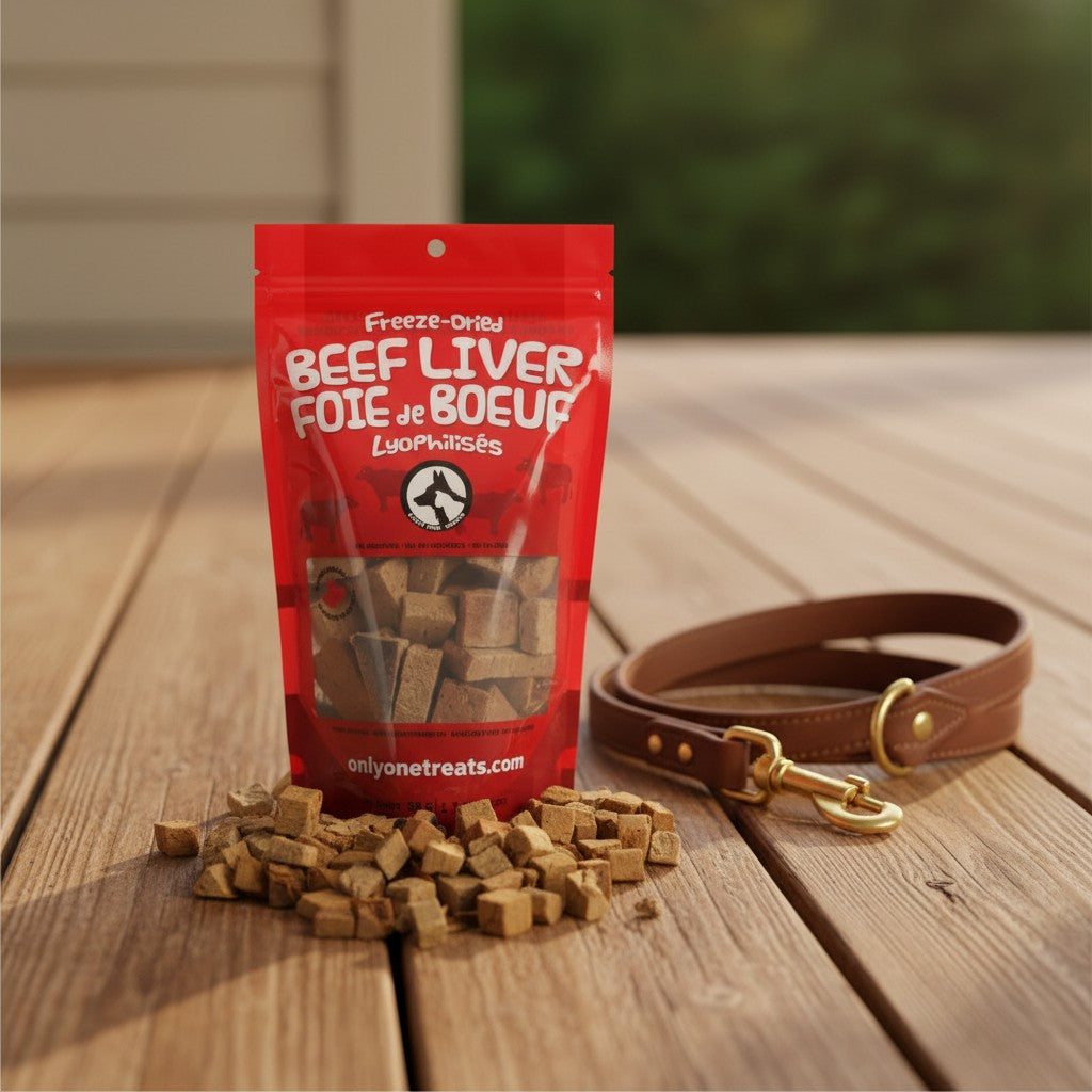 Oh Canada Gifts freeze-dried beef liver treats in a red bag with a brown leather leash on a wooden deck