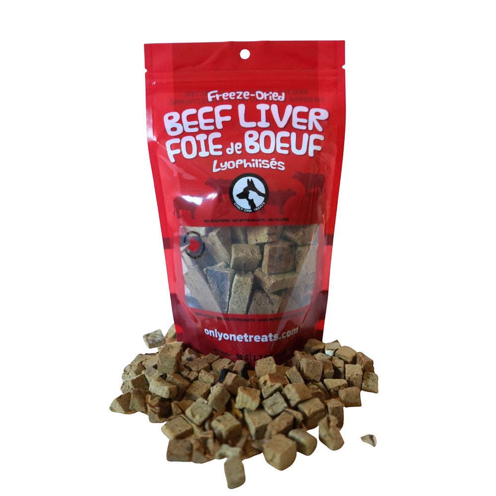 Oh Canada Gifts freeze-dried beef liver treats for dogs and cats in a red 50g resealable pouch with cubed liver pieces.