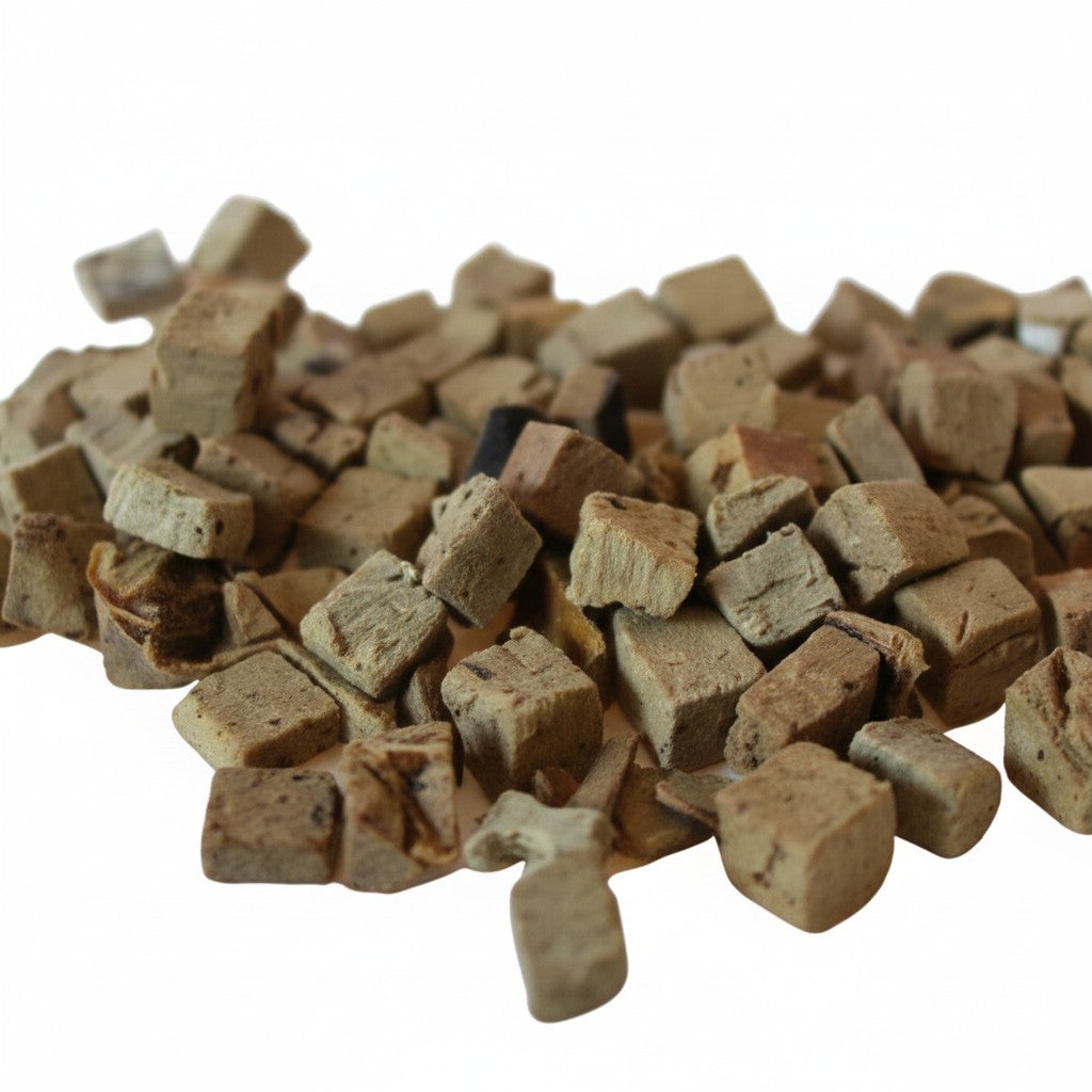 Oh Canada Gifts freeze-dried beef liver cubes for dogs and cats, a single-ingredient natural pet treat.