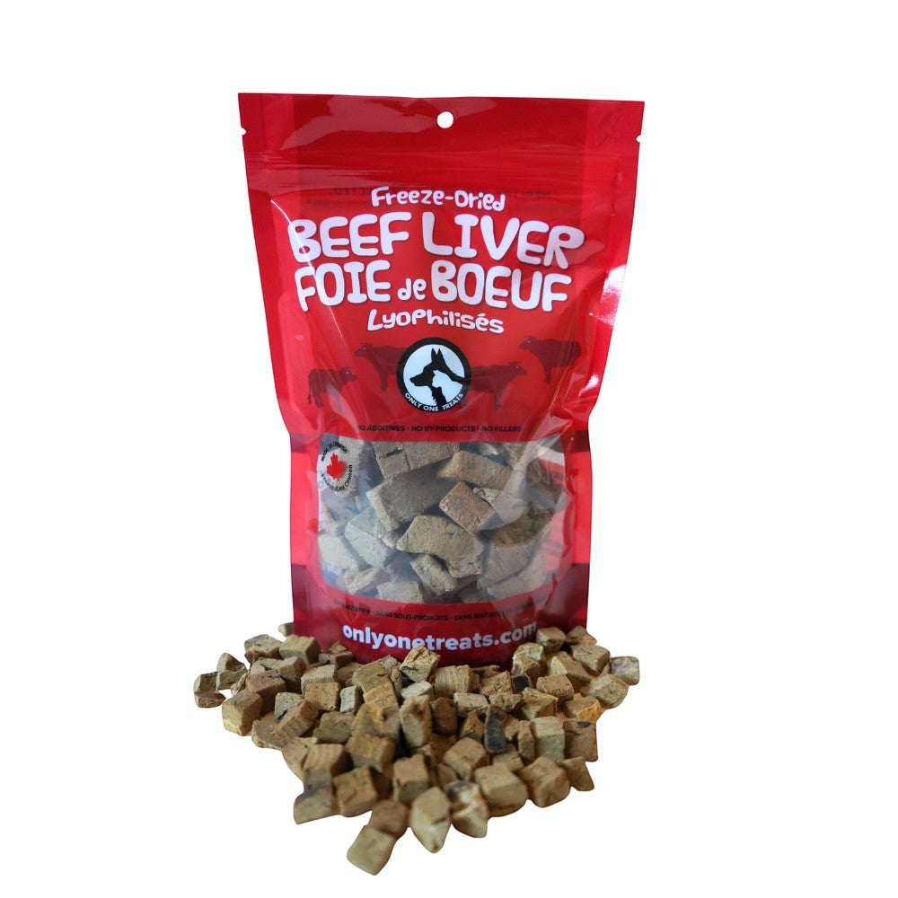 Oh Canada Gifts freeze-dried beef liver dog and cat treat bag with small brown liver cubes in front