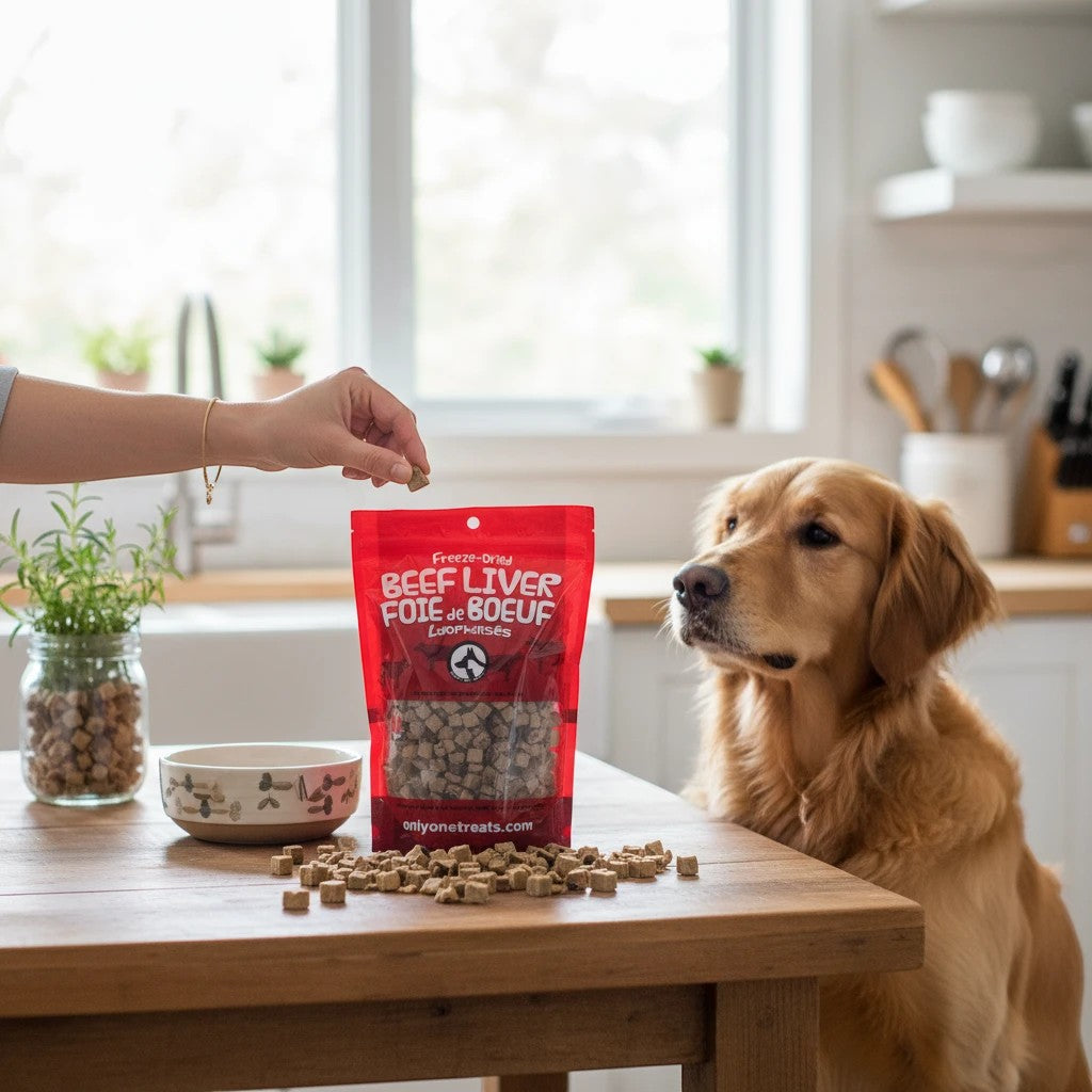 Oh Canada Gifts freeze-dried beef liver treats in a bulk bag being fed to a golden retriever in a kitchen