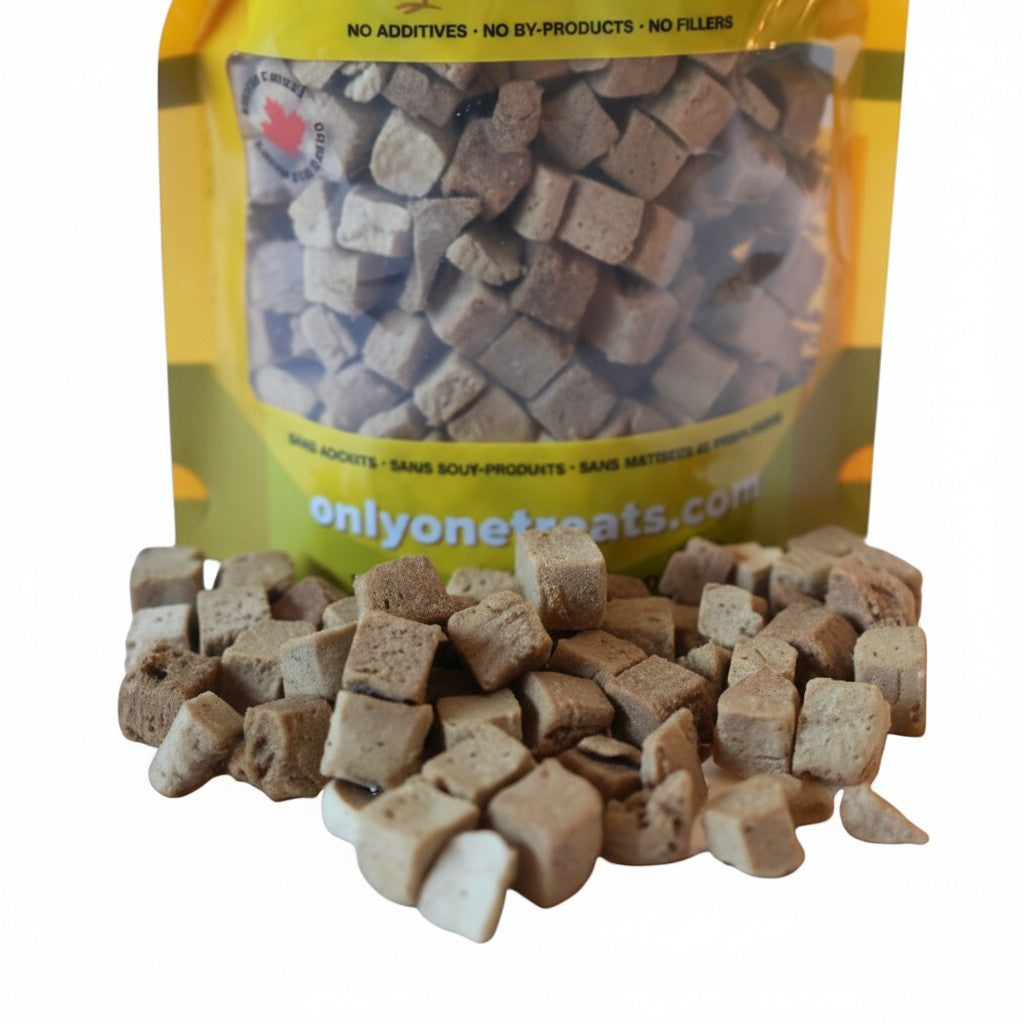 Oh Canada Gifts freeze-dried chicken pet treat cubes in a yellow resealable bag for dogs and cats