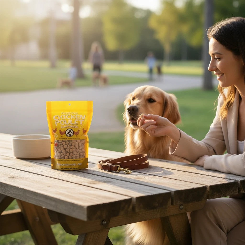 Oh Canada Gifts freeze-dried chicken treats in a yellow bag on a park table with a woman feeding her golden retriever.