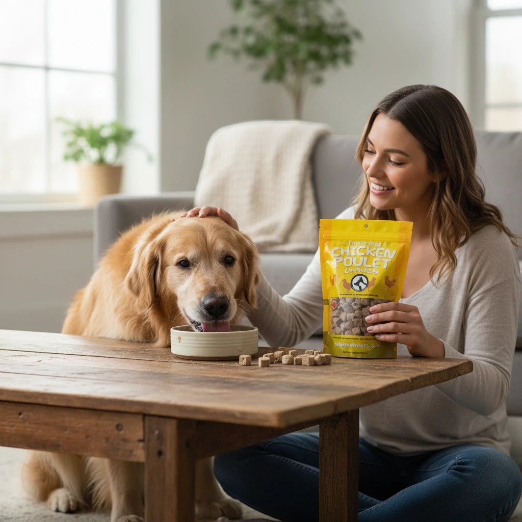 Oh Canada Gifts freeze-dried chicken treats for dogs and cats being served by a woman to her golden retriever