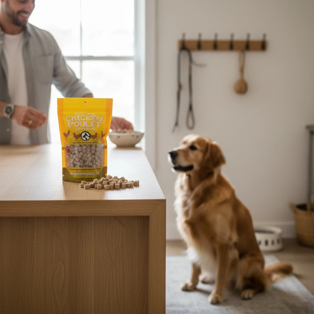 Oh Canada Gifts freeze-dried chicken treats in a yellow bag on a kitchen counter with a golden retriever waiting nearby