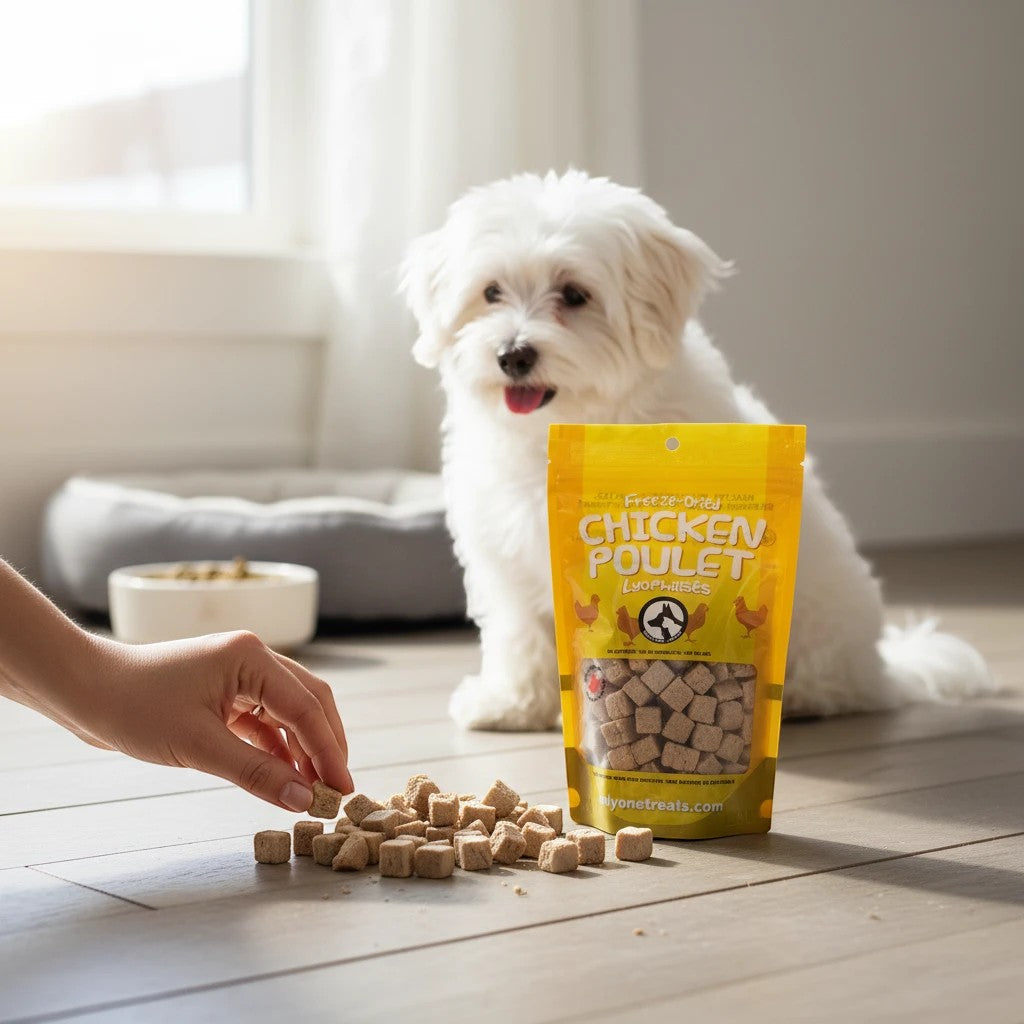 Oh Canada Gifts freeze-dried chicken treats for dogs and cats in a yellow bag with a white puppy in the background