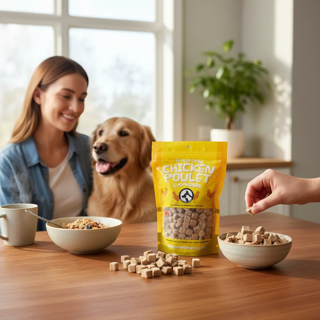 Oh Canada Gifts freeze-dried chicken treats in a yellow bag on a table with a woman and her dog in the background