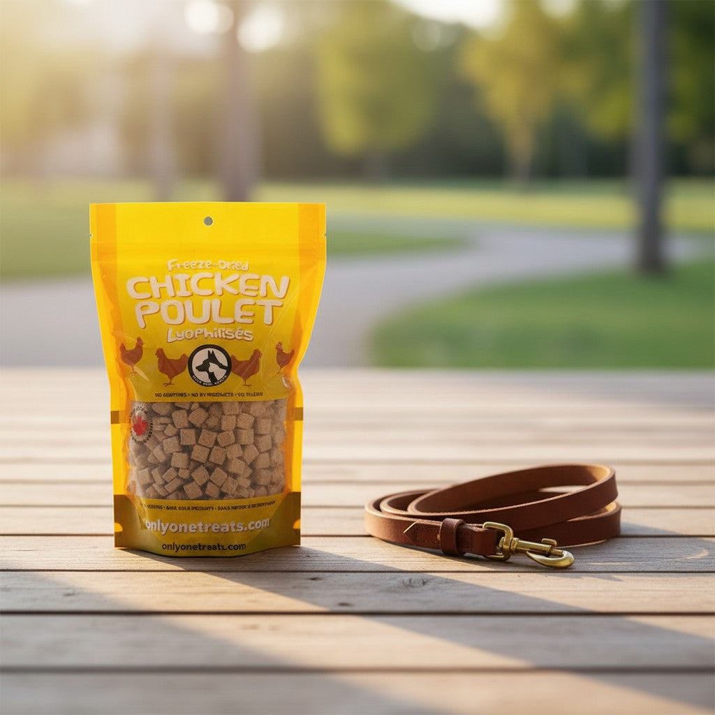 Oh Canada Gifts freeze-dried chicken pet treats in a yellow bulk bag next to a brown leather leash on a wooden deck.