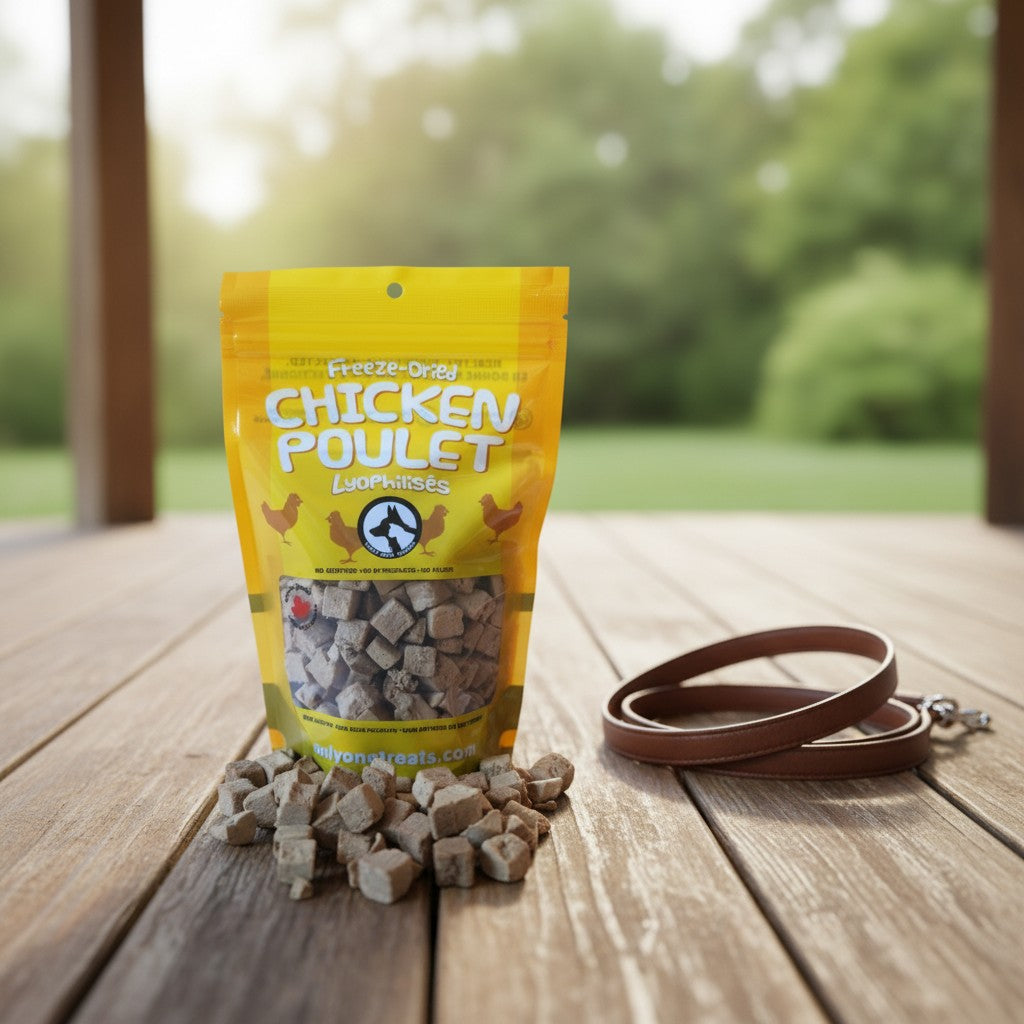 Oh Canada Gifts freeze-dried chicken pet treats in a yellow bag with loose cubes on a wooden porch