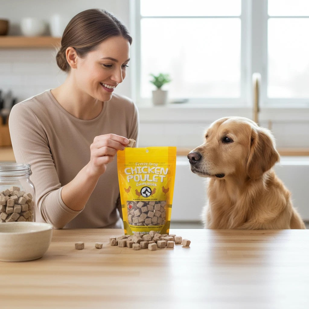 Oh Canada Gifts freeze-dried chicken treats in a yellow bag being fed to a golden retriever by a smiling woman.