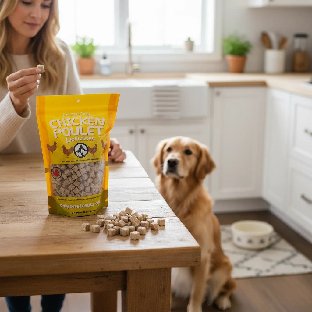 Oh Canada Gifts freeze-dried chicken treats in a yellow bag with a golden retriever waiting in a bright kitchen.