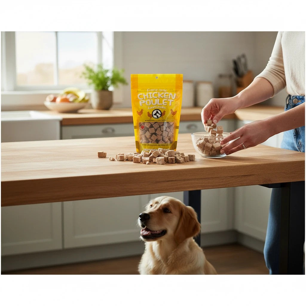 Oh Canada Gifts freeze-dried chicken treats in a yellow bag on a kitchen counter with a golden retriever waiting.