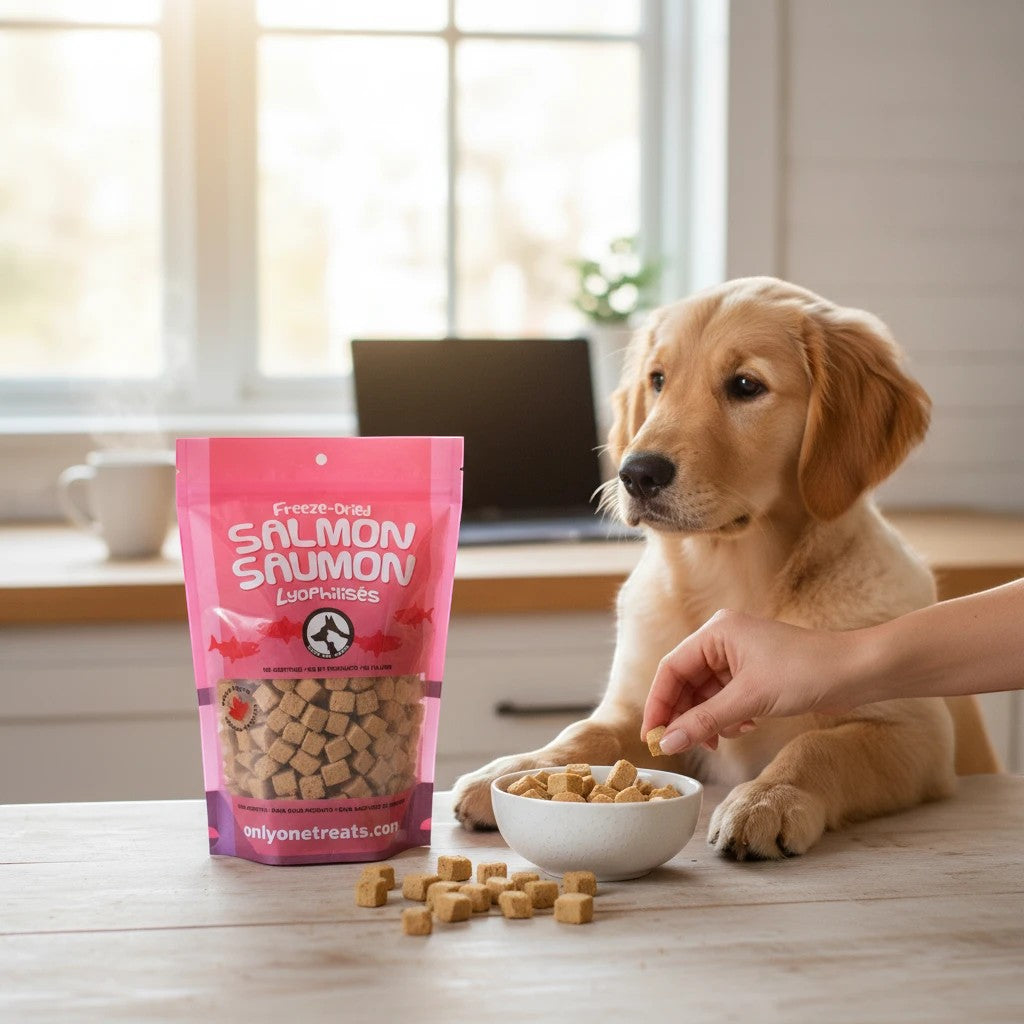 Oh Canada Gifts freeze-dried salmon dog treats in a pink bag being fed to a golden retriever puppy on a kitchen table