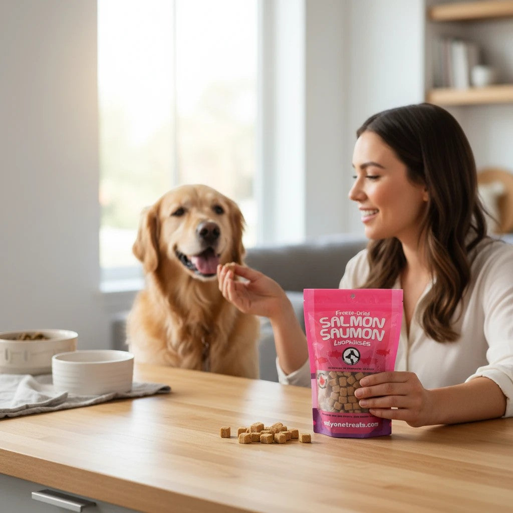 Oh Canada Gifts freeze-dried salmon treats in a pink bag held by a woman feeding her golden retriever at a table.