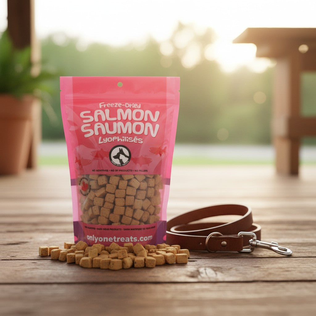 Oh Canada Gifts freeze-dried salmon treats in a pink bulk bag with a leather leash on a wooden porch.