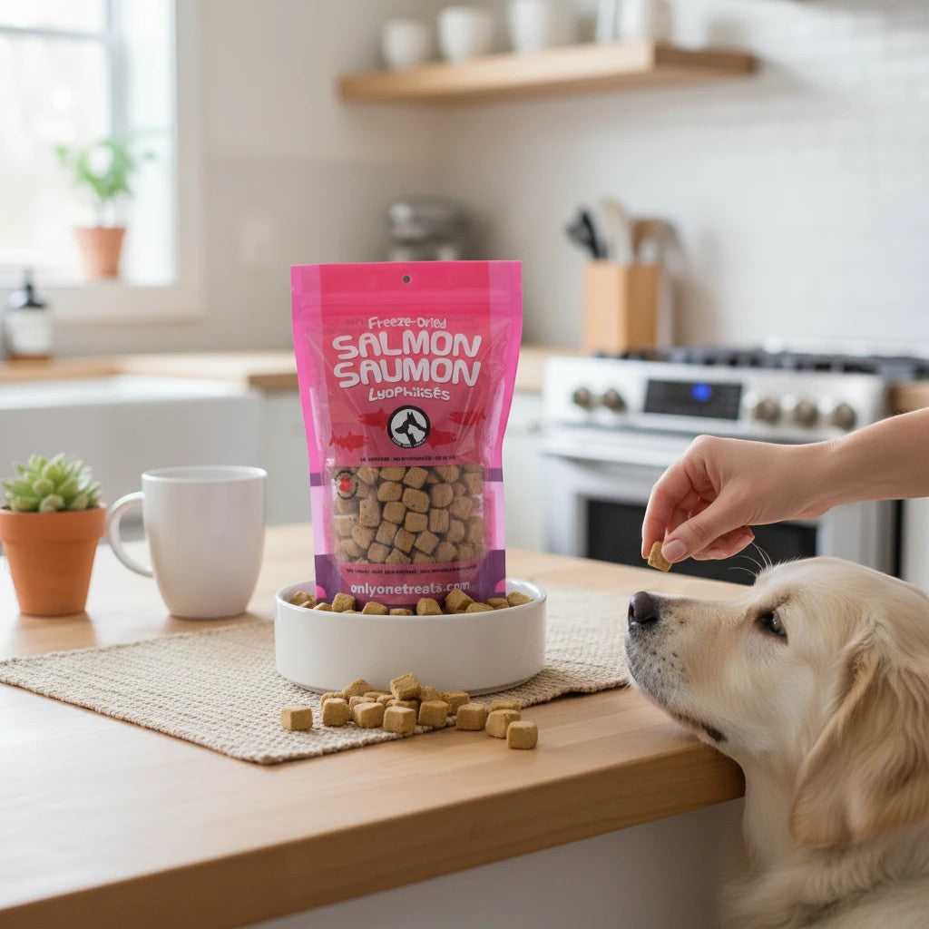 Oh Canada Gifts freeze-dried salmon treats in a pink bag being fed to a golden retriever in a kitchen setting